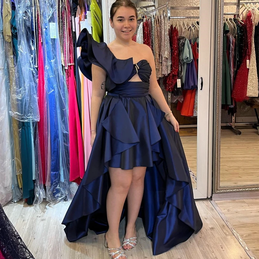 Qcenkern One-Shoulder Evening Formal Saudi Arabia Pleated High Low Navy Blue Party Dresses Gowns Women Robes de Soirée 2023