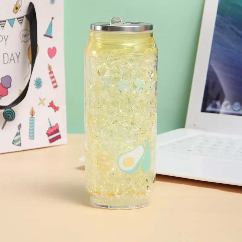 علب ثلج لثلاجة الكولا، كوب بلاستيكي قابل لإعادة الاستخدام، طبقة مزدوجة كزجاجة مياه للشاي والقهوة البلاستيكية مع القش