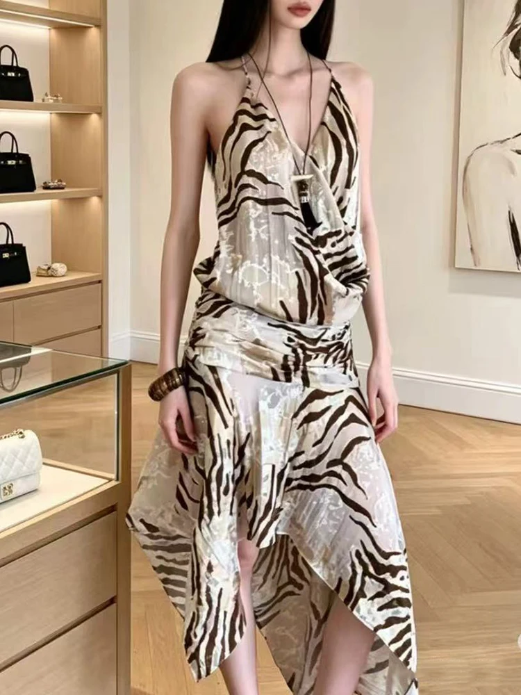 

Retro zebra print wide-neck pleated asymmetrical halter dress for women, 2026 summer new style