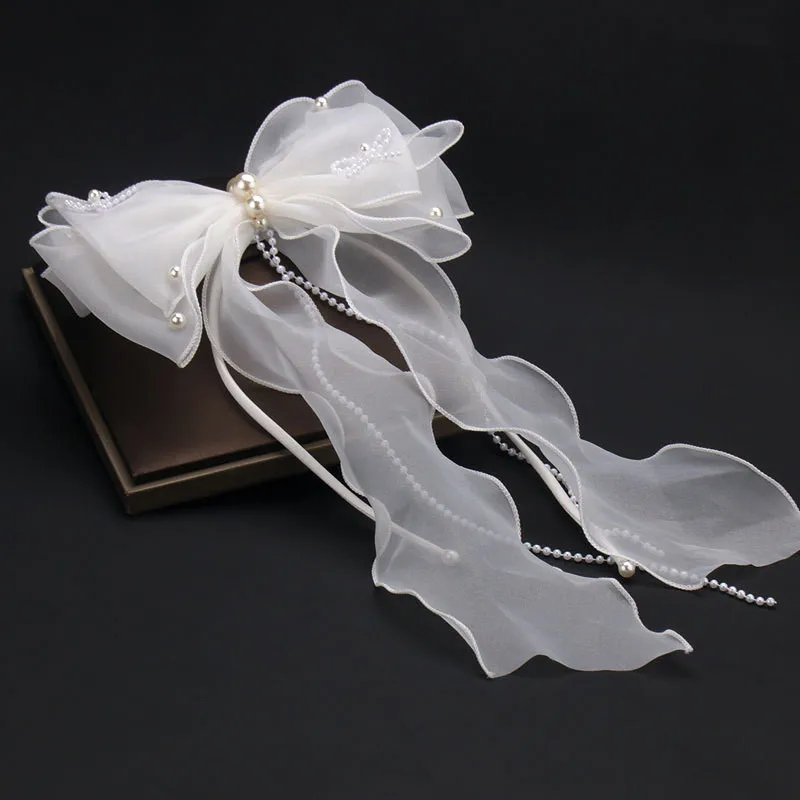 Big White Bowknot Women Barrette Pearls Tassel Bridal Headpiece Wedding Hair Clip Hair Accessories Handmade Yarn Bridal Veil