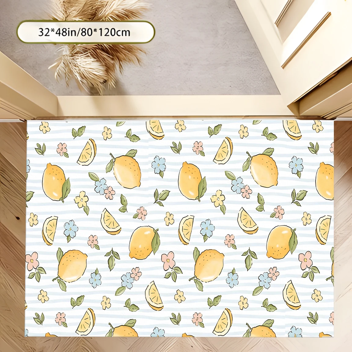 2D Carpet with Hand-Painted Lemon Small Floral Pattern in a Fresh, Soothing Style for Living Room, Bedroom, and Bedside
