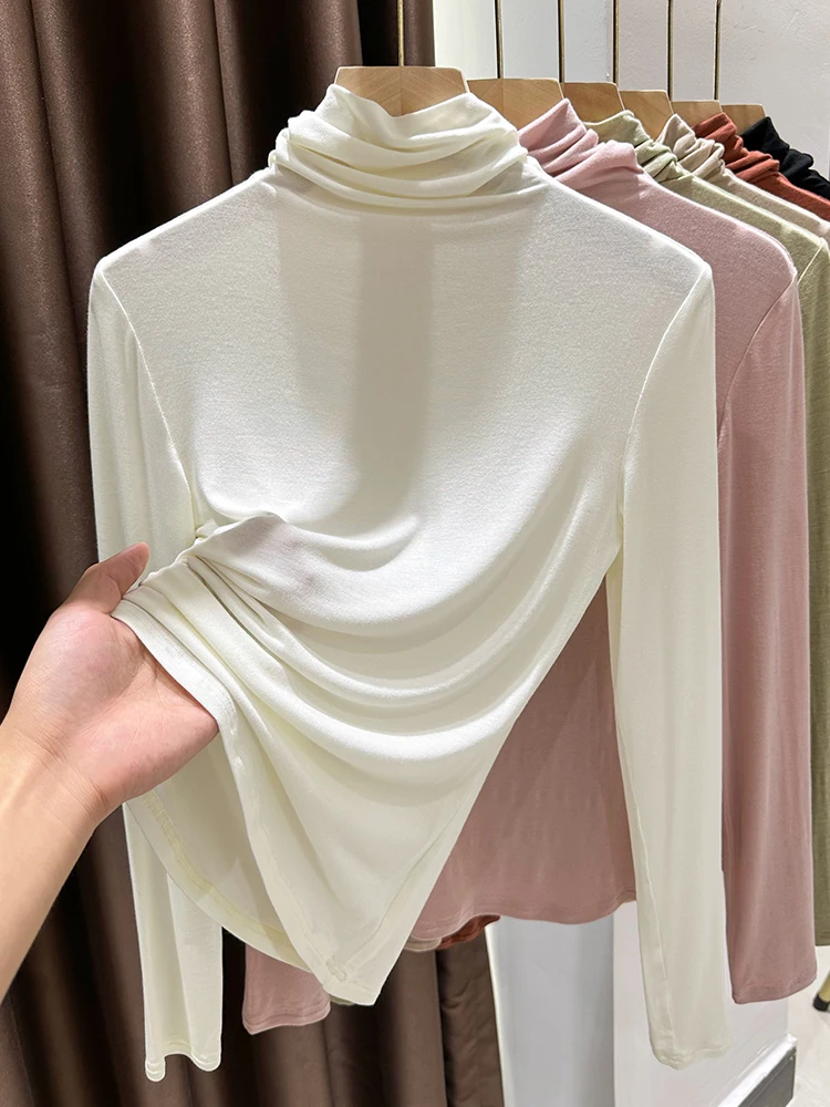 

Мягкая модальная базовая футболка с высоким воротником, тонкая, с длинным рукавом, женская, для повседневной носки, приталенная, однотонная, зимняя, для ношения под одеждой