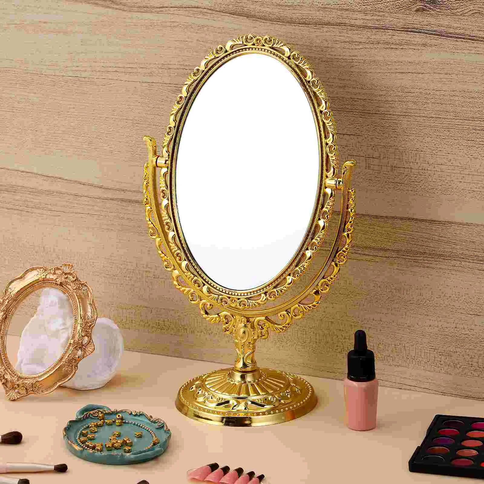 Mini Mirror Vintage Makeup Desk with Vanity Mirrors Gold European Style Desktop Double Sided Oval