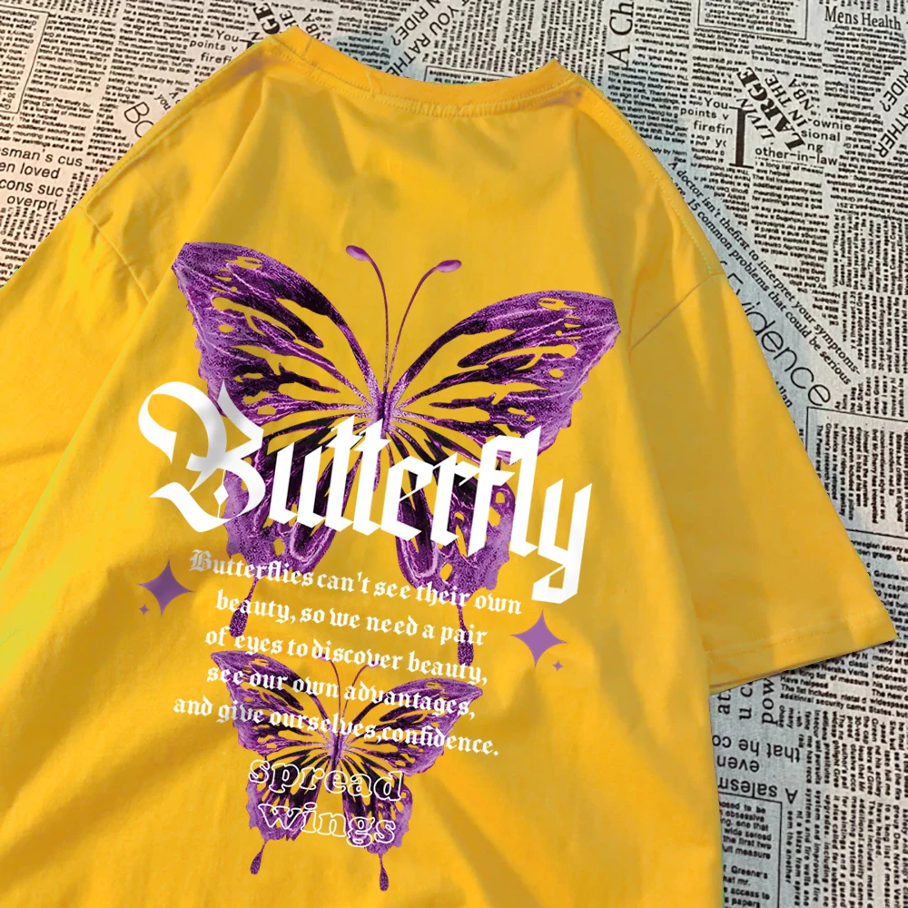 Two Purple Butterflies T Shirts Men Women Crewneck Cute Clothing Cotton Casual T-Shirts Summer Loose Tops Couple Breathable