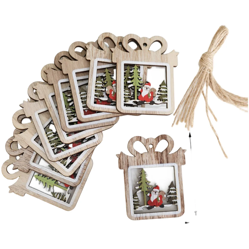 

Wooden Christmas Ornaments Set of 10 with Hanging Carvings of Tree Star Truck and Van for Seasonal Home and Vehicle Decoration