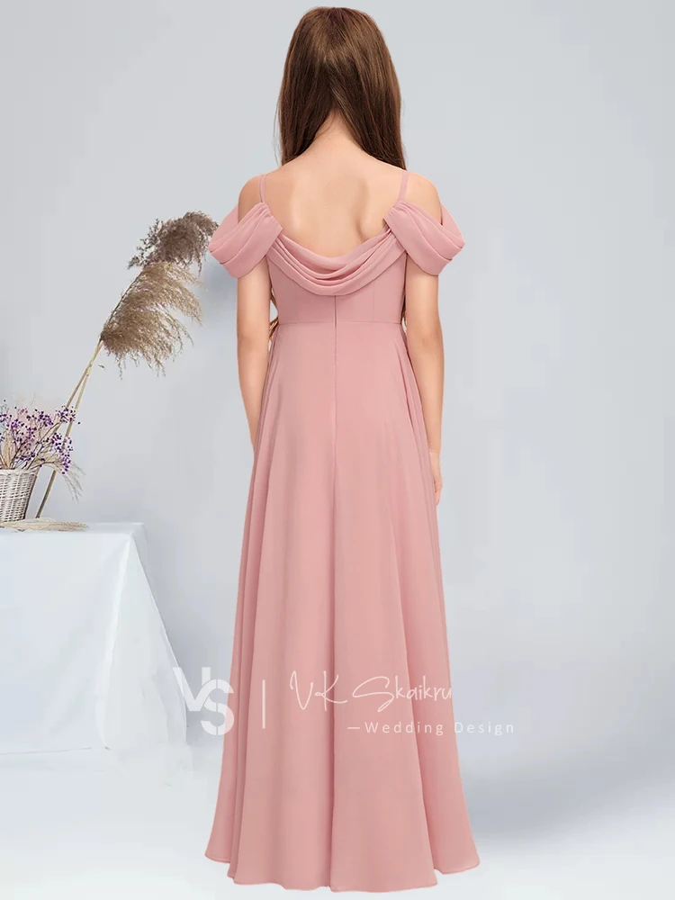 Robe de Demoiselle d'Honneur Trapèze en Mousseline de Soie, Longueur au Sol, avec Blush Plissé, pour ixde Mariage, pour Enfant