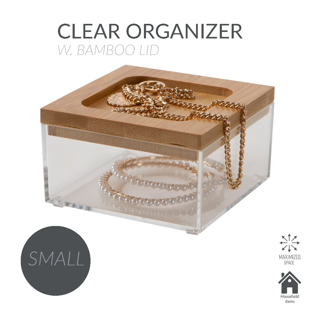 Square Clear Jewelry and Cosmetic Organizer Box with Bamboo Lid Storage Case Makeup Display Container Acrylic Vanity Desk Organizer