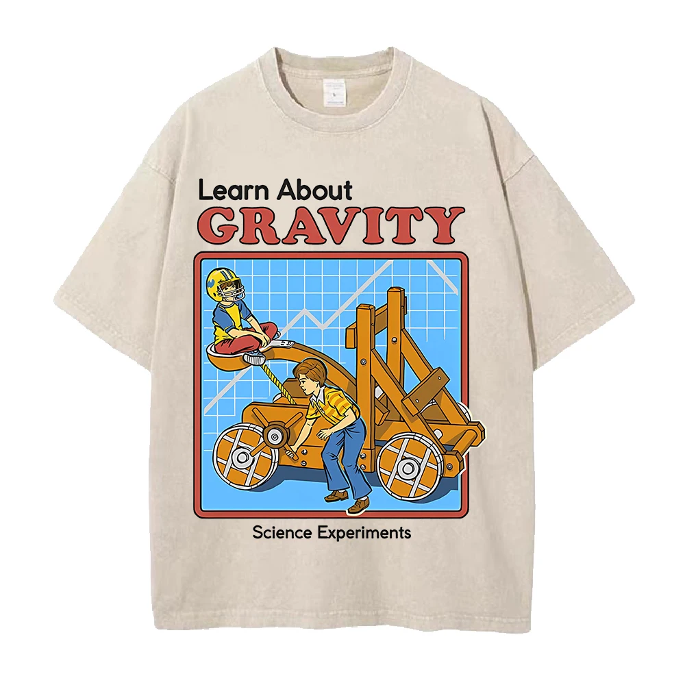 Learn About GRAVITY Printed T-shirt  Vintage Washed T Shirt Men Clothing Summer Short Sleeve Pure Cotton Tees Tops Clothes