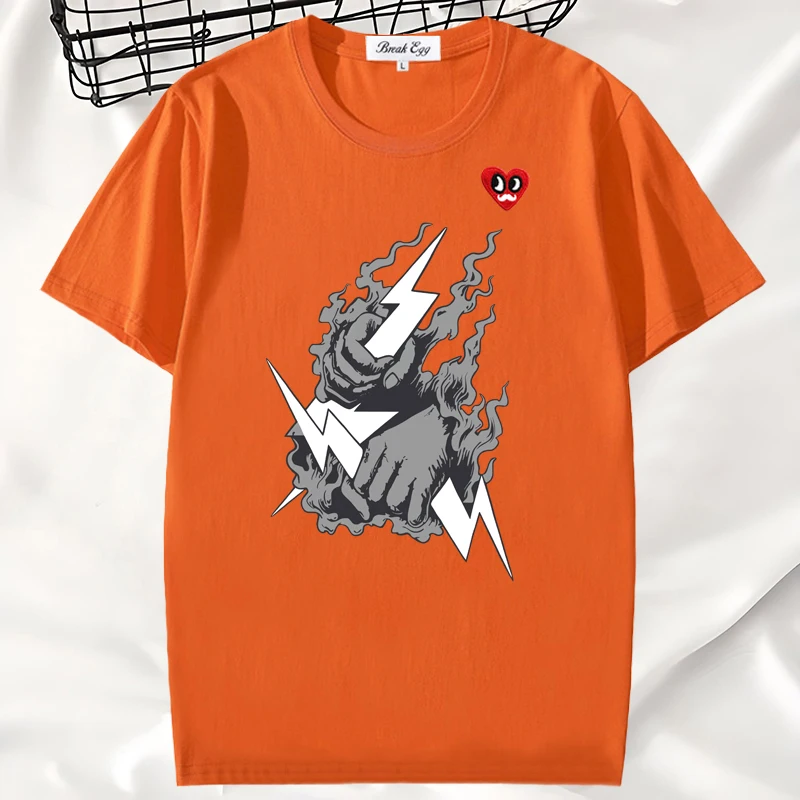 

Grey God Lightning Fist Printing Women T-shirt Red Eyes Beard Heart Embroidery Cotton O-neck Short-sleeved Lady Grunge Fit Tee