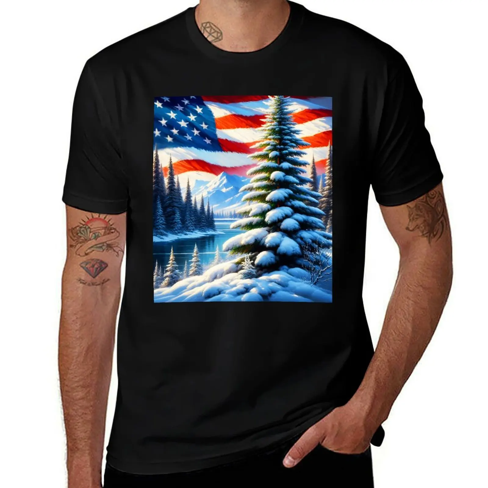 

Winter Holiday Landscape with American Flag Backdrop – Snowy River Fir Trees T-Shirt clothes men t shirt
