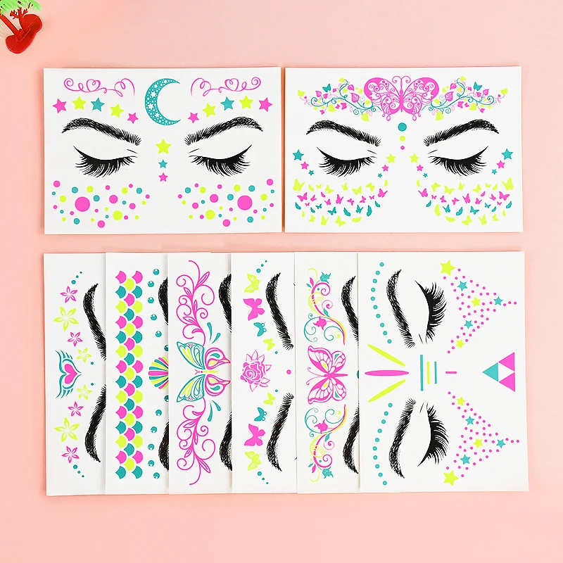 

UV Light Temporary Tattoo Stickers Glow In The Dark Dance Parties Nightclubs Party Women Neon Fluorescent Facial Tattoo Stickers