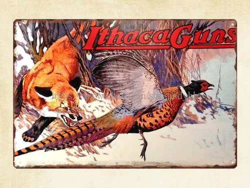 Ithaca Guns Fox and Pheasant metal tin sign plaque metal wall art