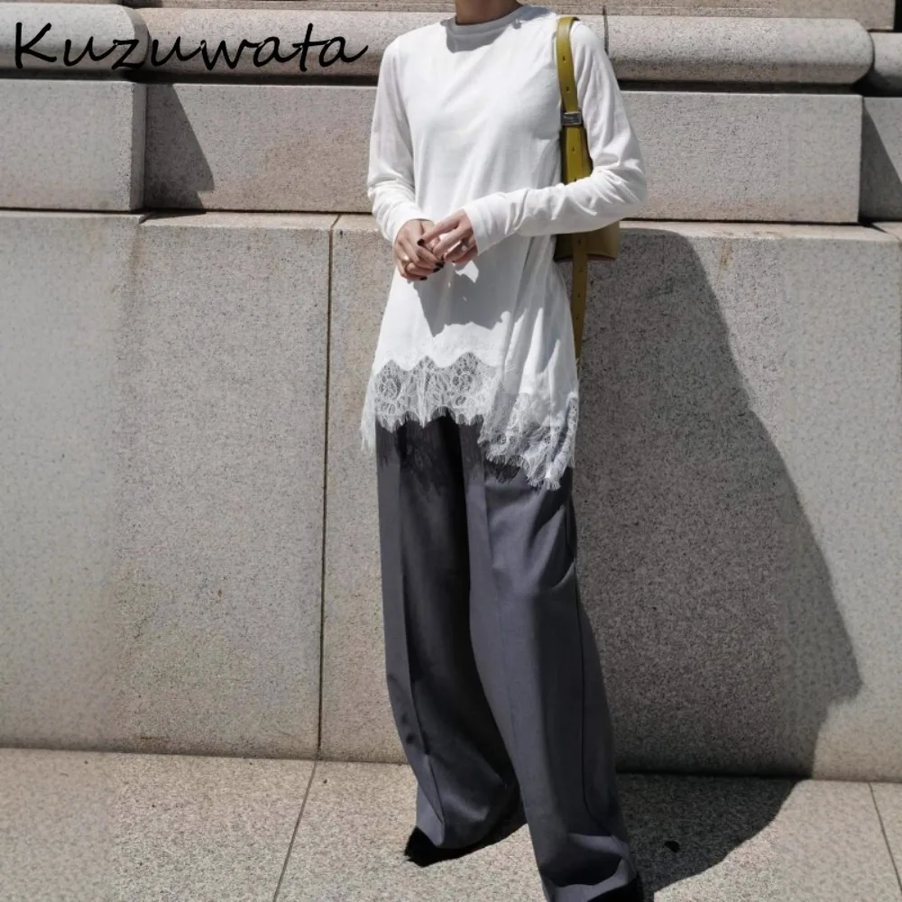 

Kuzuwata, простая новая свежая литературная футболка, кружевная лоскутная майка, рубашка с круглым вырезом и длинными рукавами, японская нерегулярная мода, французская Mujer