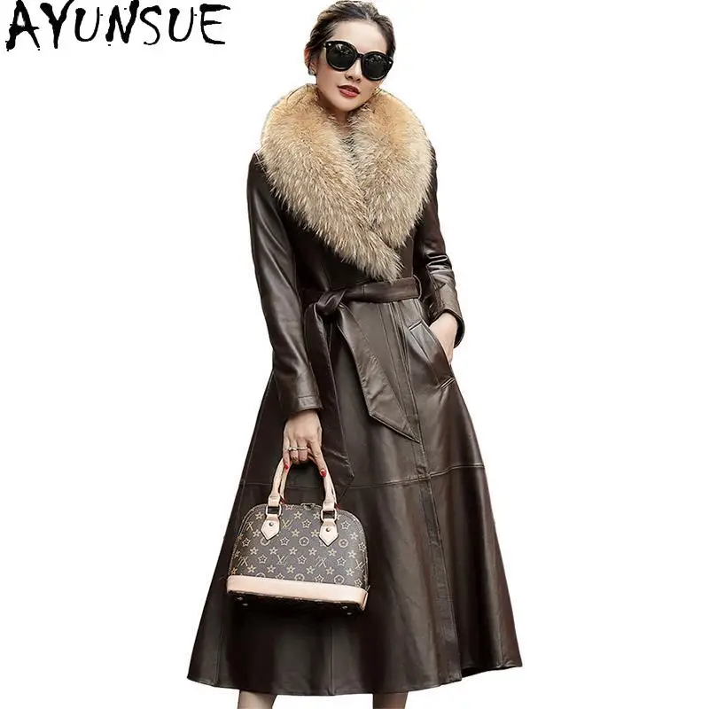 AYUNSUE Sheepskin Genuine Leather Jacket Women Warm 90% Down Coat Womens Coats Long Style Winter Clothes Raccoon Fur Collar 2025
