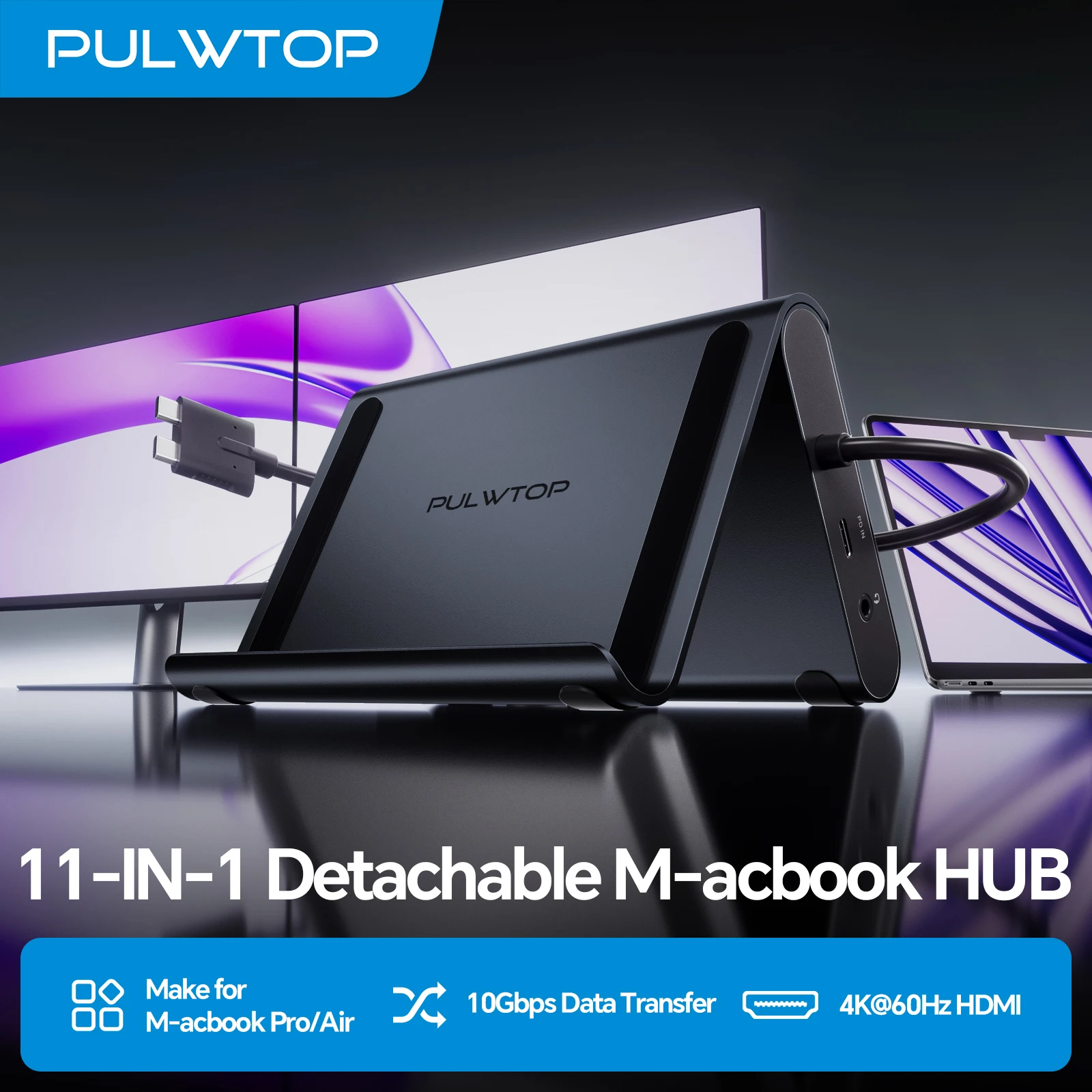 PULWTOP MacBook Docking Station Dual Monitor 4K@60Hz with 2×HDMI, 100W PD, 10Gbps USB-C/A, Ethernet, Audio, SD/TF