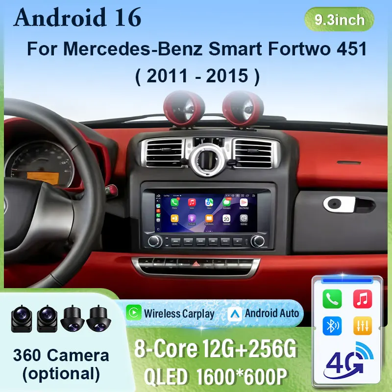 Car Radio Video for Mercedes-Benz Smart Fortwo 451 2011 - 2015 Multimedia Player GPS Navi Stereo WiFi 4G BT CarPlay Auto 2K QLED