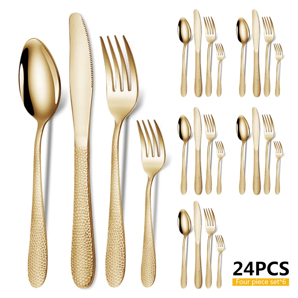 24Pcs Stainless Steel Cutlery Set Snakeskin Pattern Luxury Western Steak Dinnerware Set Knife Fork Spoon Set Gold Tableware New