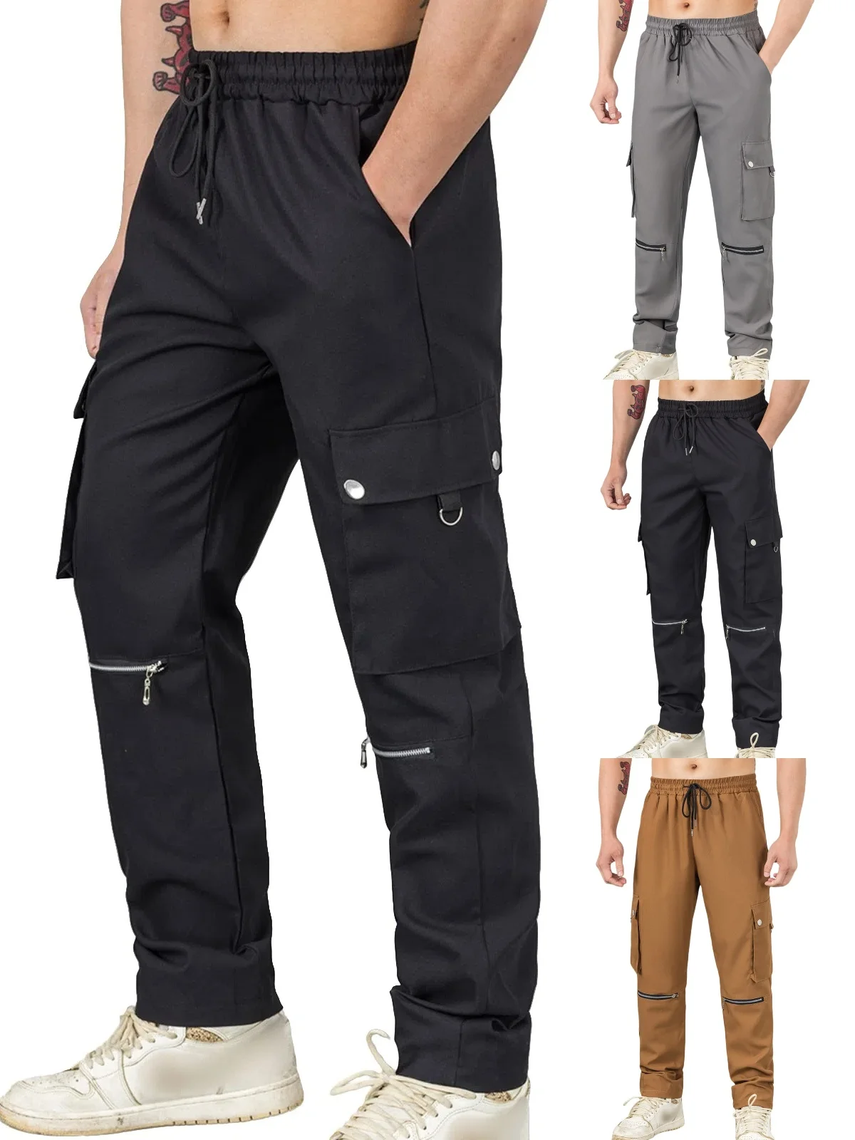 

2025 Season Men's Workwear Pants, Solid Color with Zipper Pockets and Elastic Waist, Street Trendy Jogging Pants