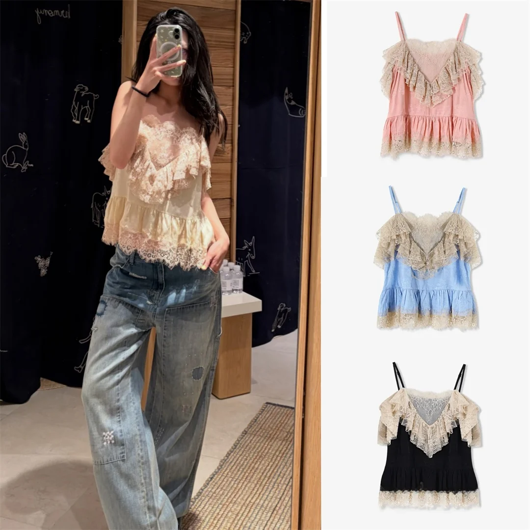 

4-Color New York Se Lace Patchwork Strap Bag 26 Spring Embroidered Versatile Small Top Breathable V-Neck Loose Fit Women's Vest