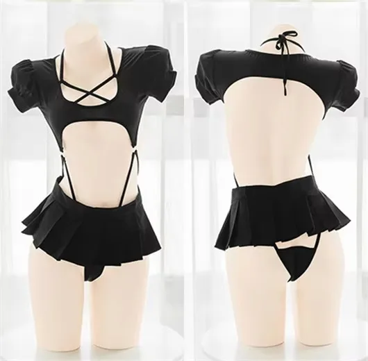 Anime Student Puff Sleeve Black One-piece Swimsuit Cross Straps Bodysuit Mini Pleated Skirt Swimwear Uniform Pool Party Cosplay
