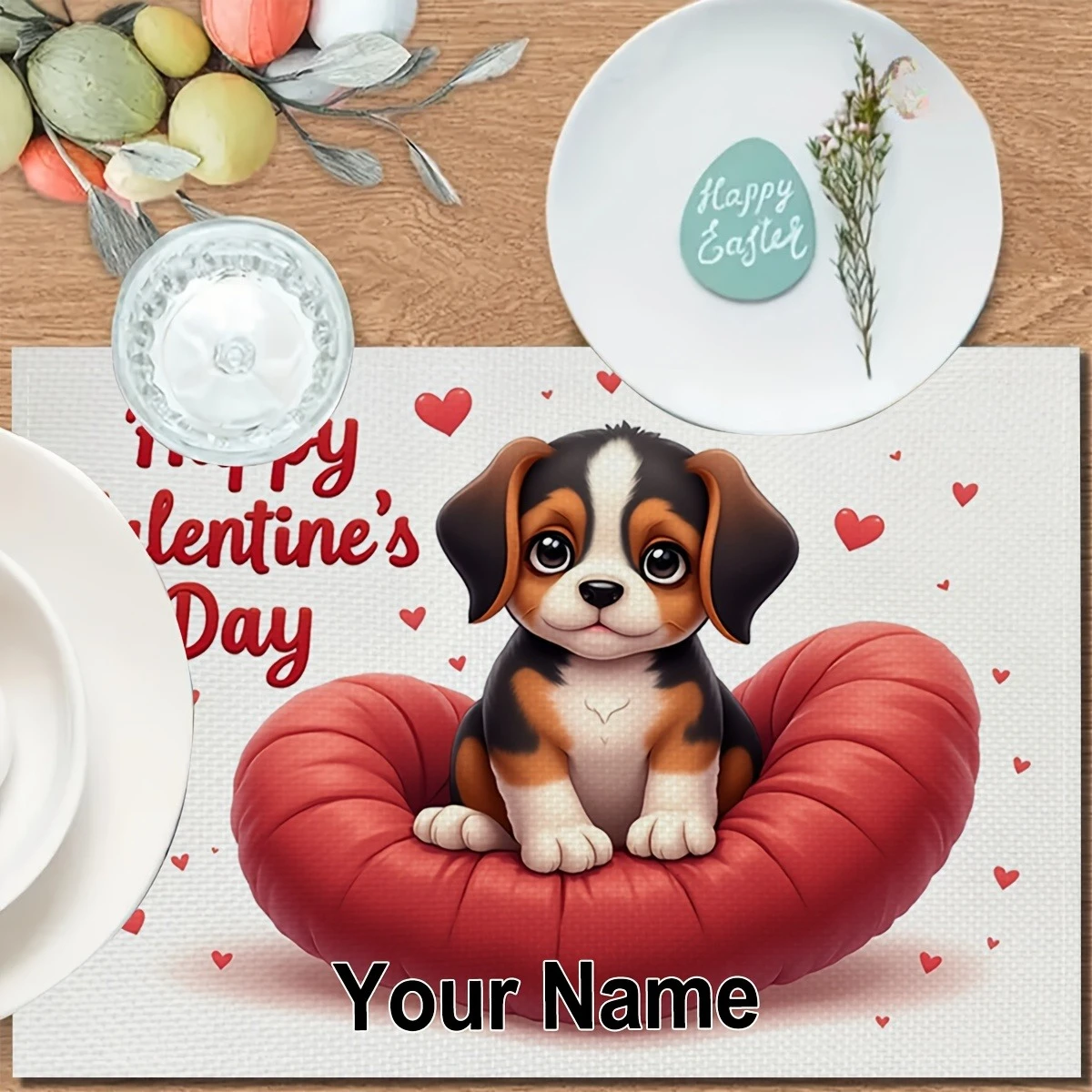 Custom 1PC PlaceMats, Customizable Blessings or Names, Cute Puppy Valentine'S Day, Patterned Tableware Mats, Tableware Supplies