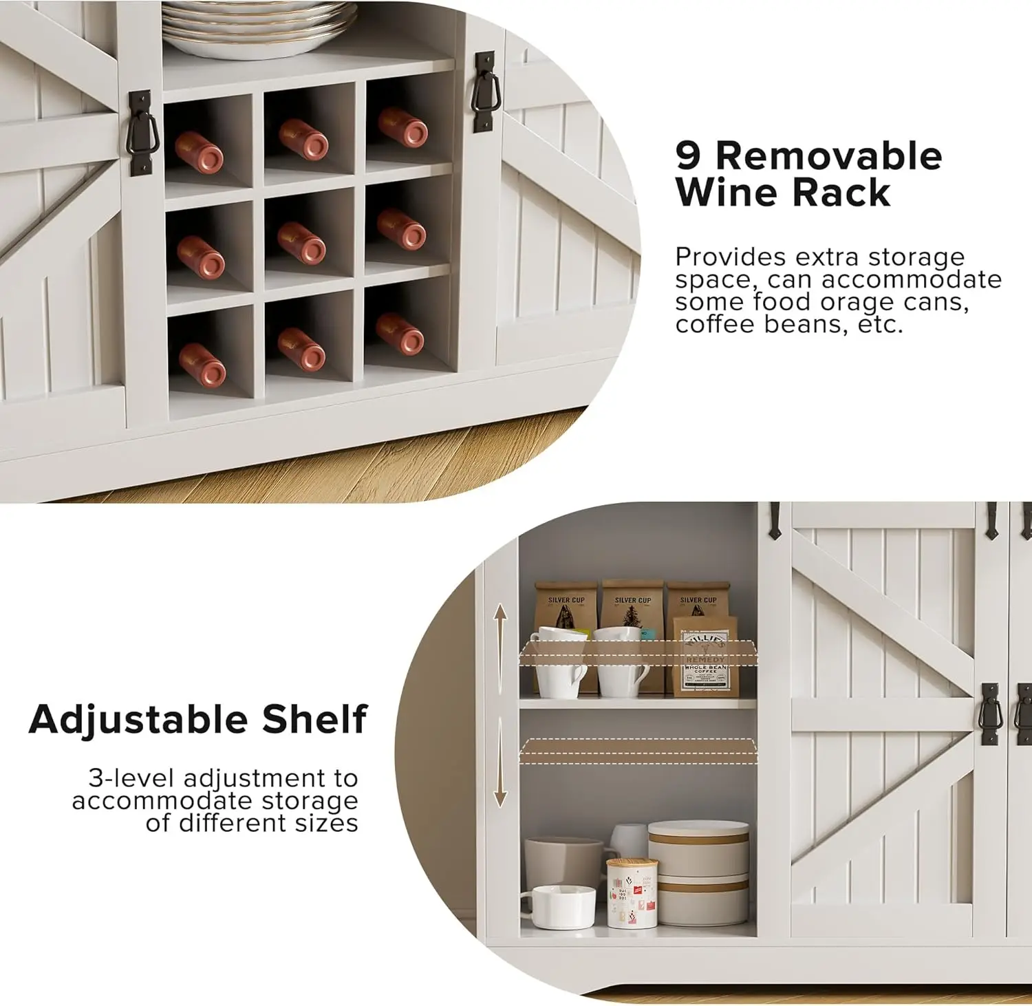 57' 화이트 커피 바 캐비닛, 3단 수납장, 8개의 후크, 9개의 와인 랙, 가정용 농가 스타일 주방 허치, 거실용