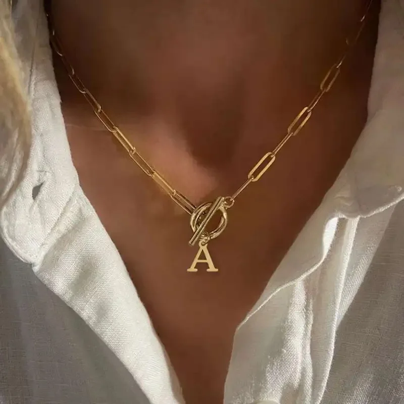 26 Letter Necklaces with Rectangular Paperclips, Capital Initial Letters Stainless Steel Letters, Elegant Women's Chain Necklace