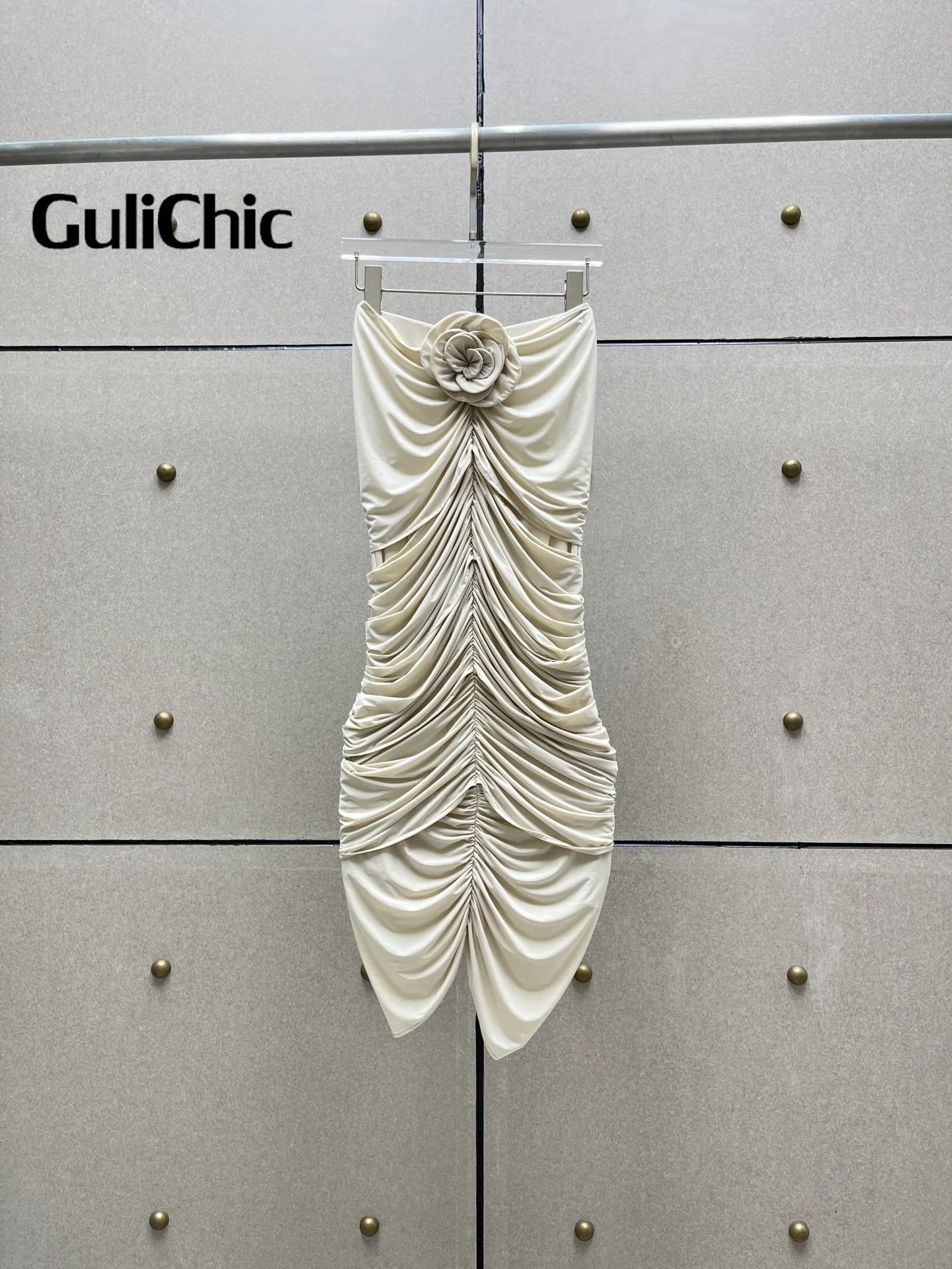 9.29 GuliChic Hot Girl Fashion Round Neck 3D Flower Slim Folds Blouse Or Draped Sexy Back Hook Buckle Stretch Skirt Set Women