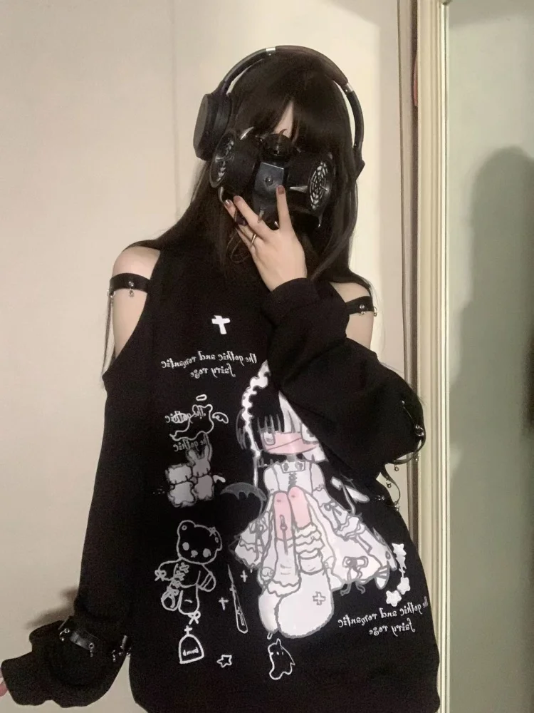 Original Japanese Subculture Black Off-the-shoulder Hooded Hoodies Autumn New 2025 Girl's Anime Print Kawaii Tops Y2k Pullover