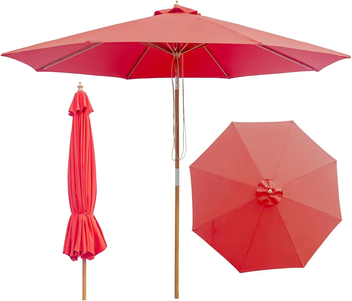 9FT 10FT Bamboo Outdoor Patio Umbrella, Large UPF 50 Plus Sun Protection Beach Shade Umbrella, Rope Pulley Lift Push Button Tilt Mechanism, 8 Rib Ventilated Canopy, Backyard Garden Deck Dining Table