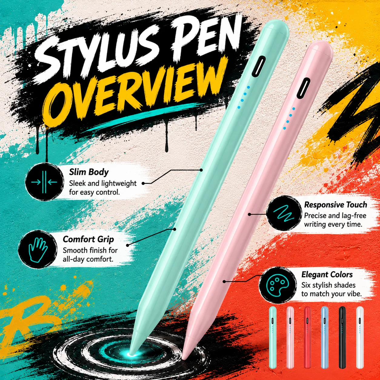 4 LED Stylus Pen for Android & iOS Tablets, Universal Touch Screen Pencil, Palm-Friendly Note Taking