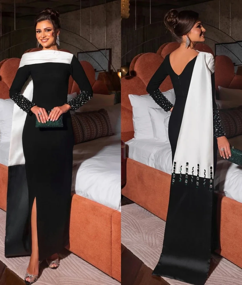 

Customized Graceful Jersey Straight Crystal Evening Dress High Quality O-neck Long Sleeves Floor Length Bespoke Occasion Gowns