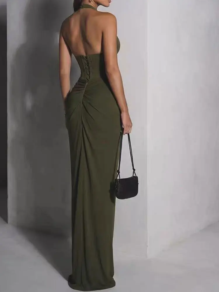 Ladies Deep V-Neck Backless Slim Fit Party Dress Fishbone Waist Fold Split Hip-Wrapped Design Sexy Dinner Gown for Women