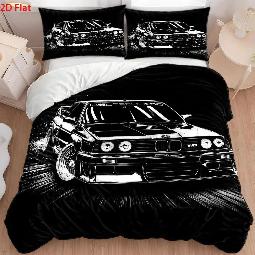 Car Print 3Pc Quilt Cover Set Double Bedding Set Modern Light Luxury Style Soft Comfortable Bedspread for Home Master Bedroom
