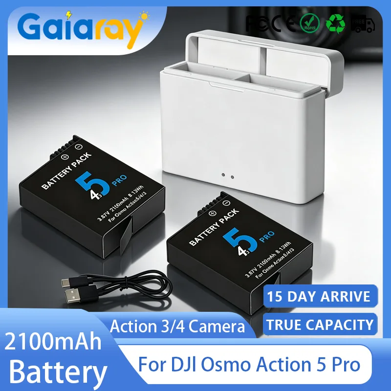1-4pcs 2100mAh Battery + 2 Slots Fast Charger for DJI Osmo Action 5 Pro Action Camera Batteries for Osmo 3 4 5 Pro Accessories