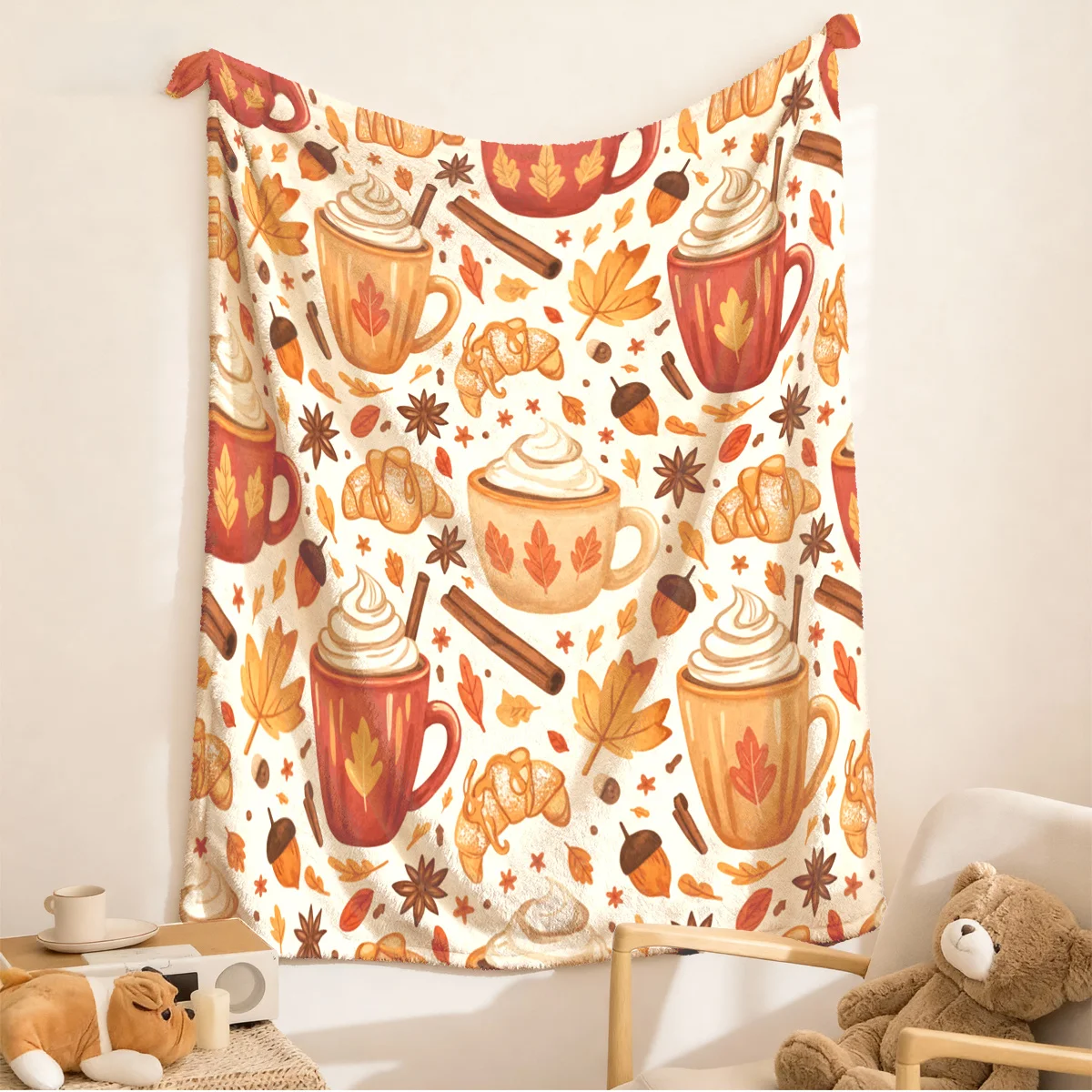 2D Flat Print, 1pc Autumn Season Decorative Throw Blanket/blanket, Featuring a Printed Design with Hot Beverage Coffee, Croissan