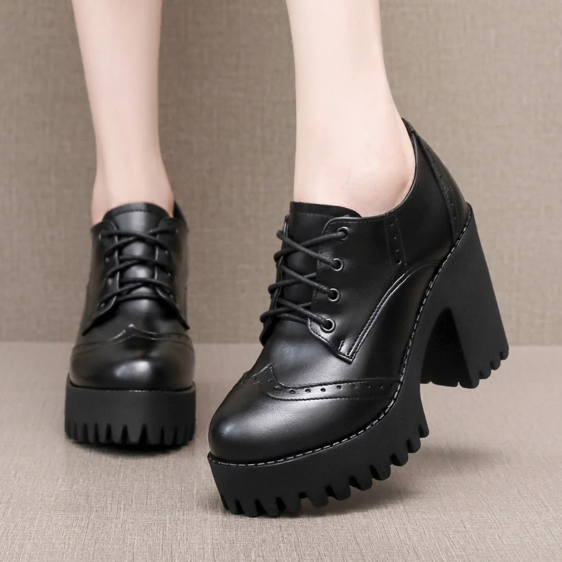 10cm Small Size 32-43 Elegant Women's Shoes Deep Mouth Leather Brogues Platform Shoes 2025 Block High Heels Shoes Dress Office
