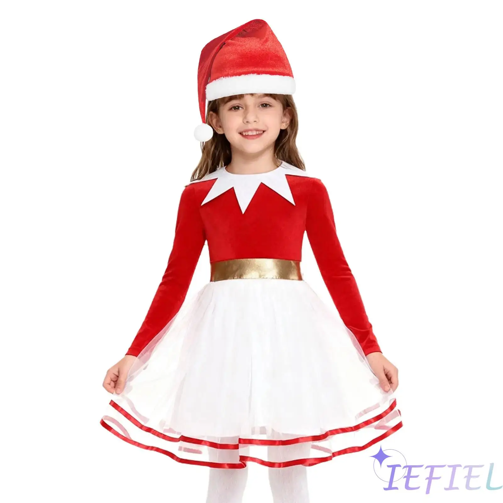 

Kids Girls Christmas Elf Princess Costume Long Sleeves Velvet Bodice Color Block Tulle Dress with Hat Xmas Santa Ballet Dress