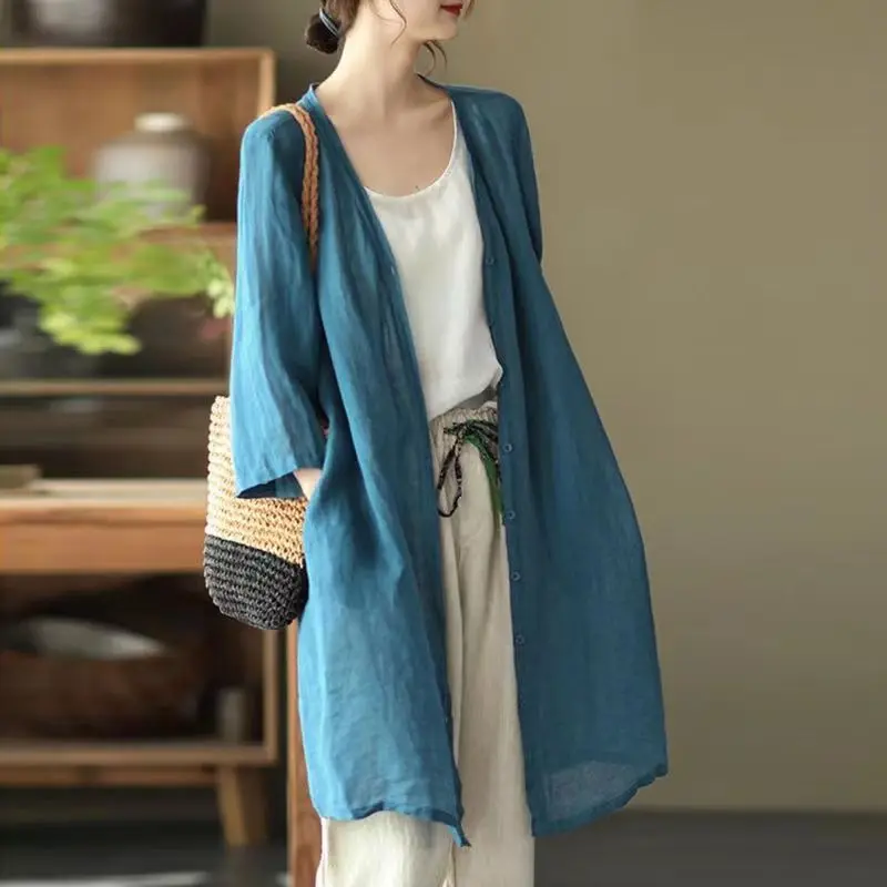 Spring Summer Women's Cotton And Linen Medium Long Thin Shirt Coat