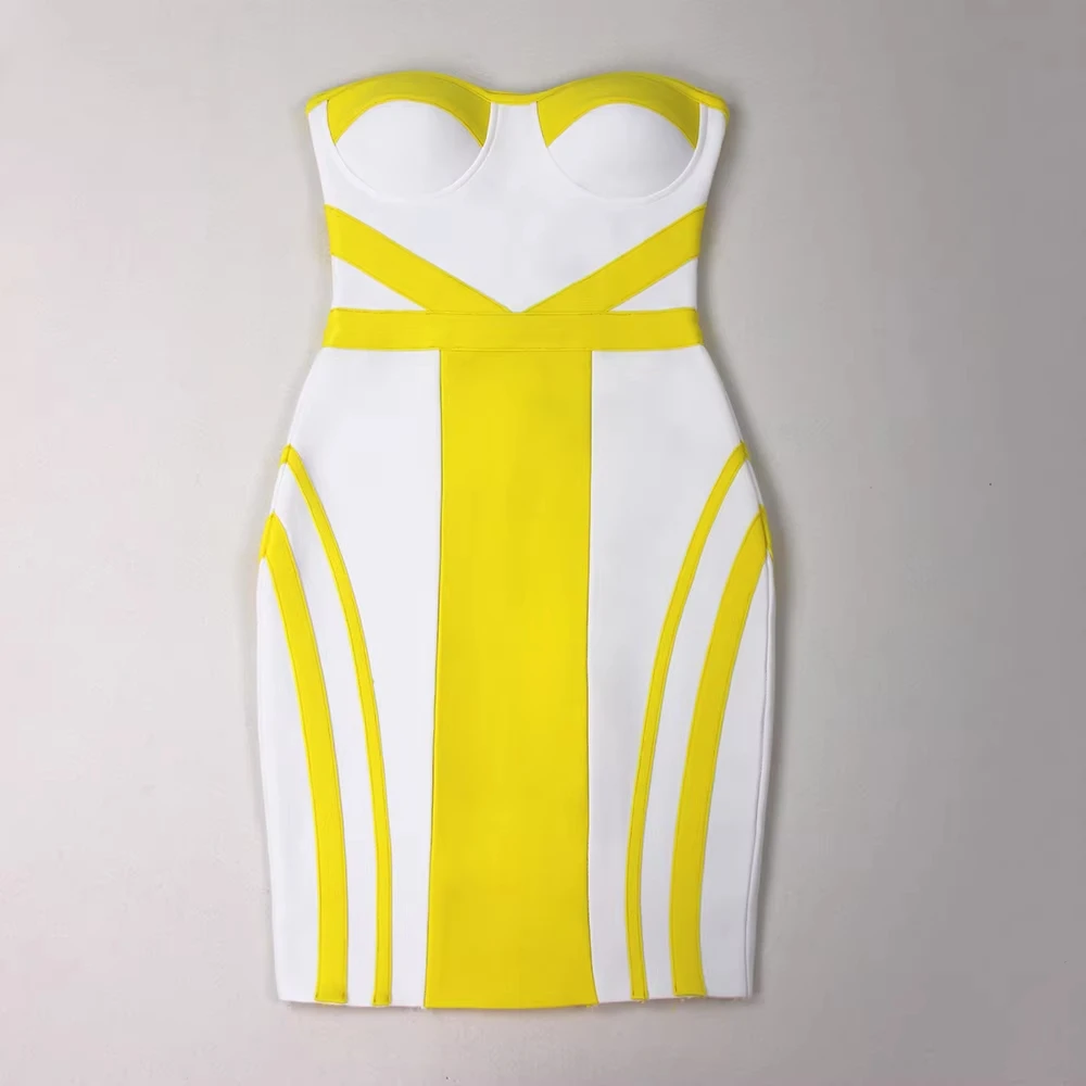 Nova moda feminina amarelo branco emenda sexy sem alças sem mangas bandagem magro mini elegante celebridade clube vestido de festa