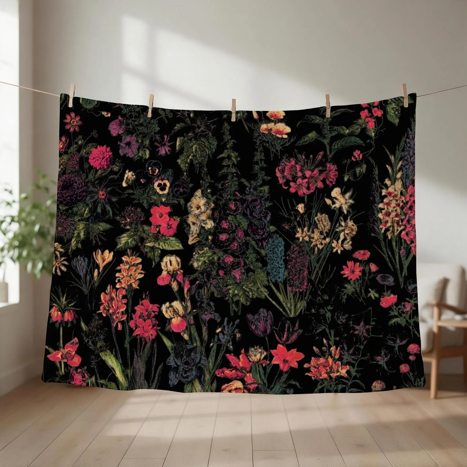 Midnight Floral Throw Blanket couch cozy soft plush fuzzy picnic outdoor blanket