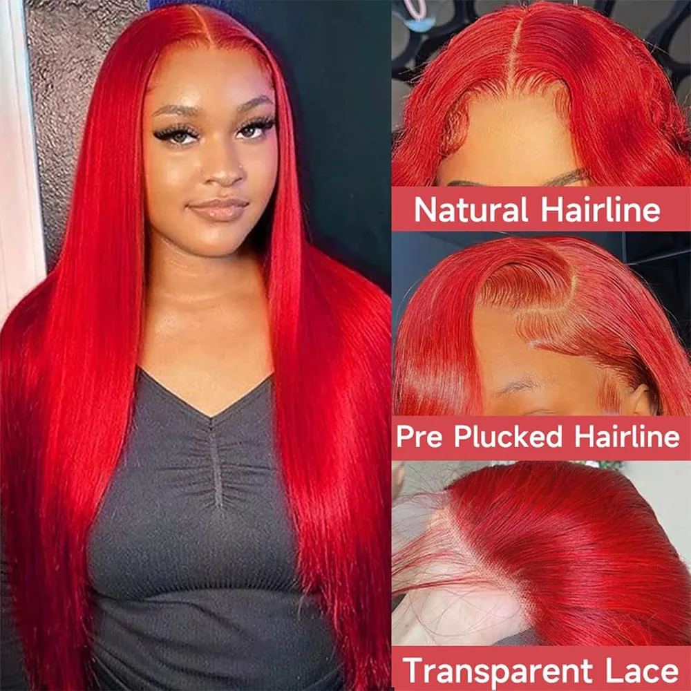 Red Synthetic Lace Front Wigs Straight 13x4 Lace Frontal Wigs Pre Plucked with Baby Hair 180% Density Glueless Wigs for Women 26 Inch — Perfect for Daily Wear, Cosplay & Halloween Parties