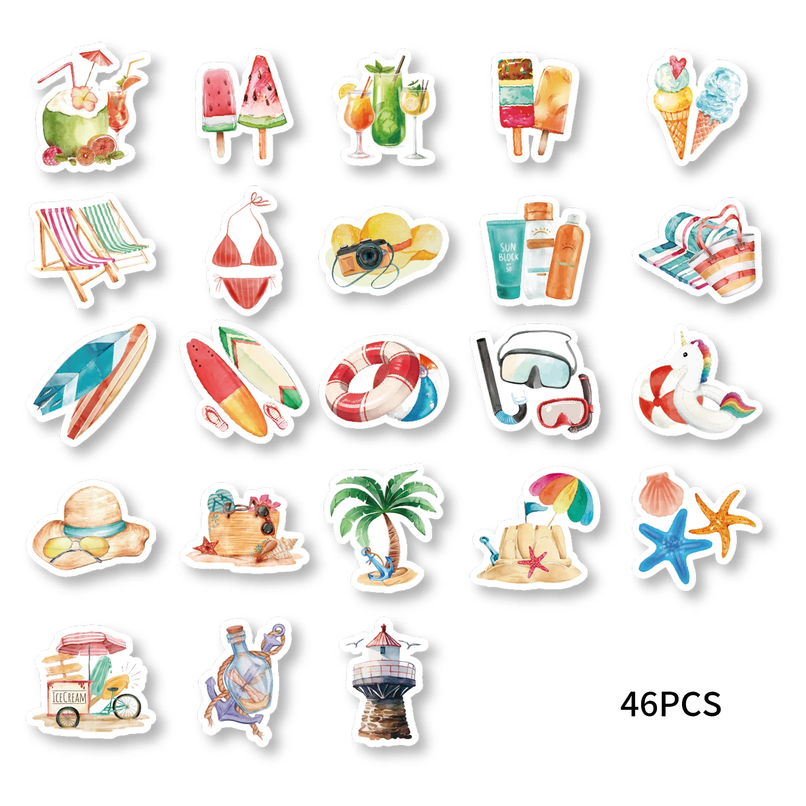 46PCS Starfish, Swim Ring, Popsicle Summer Beach Theme Stickers Decorated Notebook Diary Skateboard DIY Classic Toy Stationery