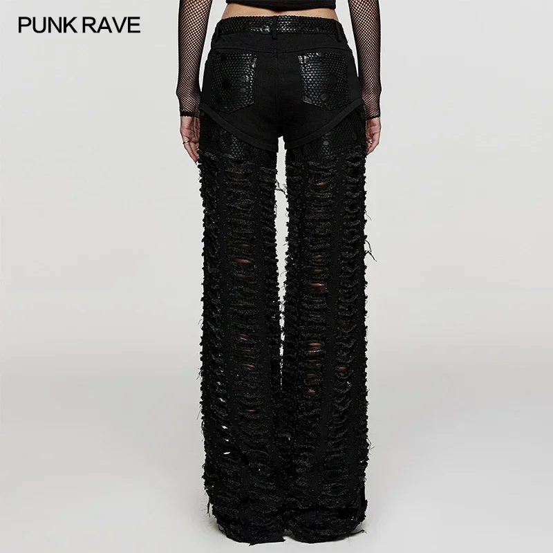 PUNK RAVE Women\'s Punk Decadent Twill Mesh Loose Black Trousers Handsome Cool Personalized Ripped Streetwear Women Pants