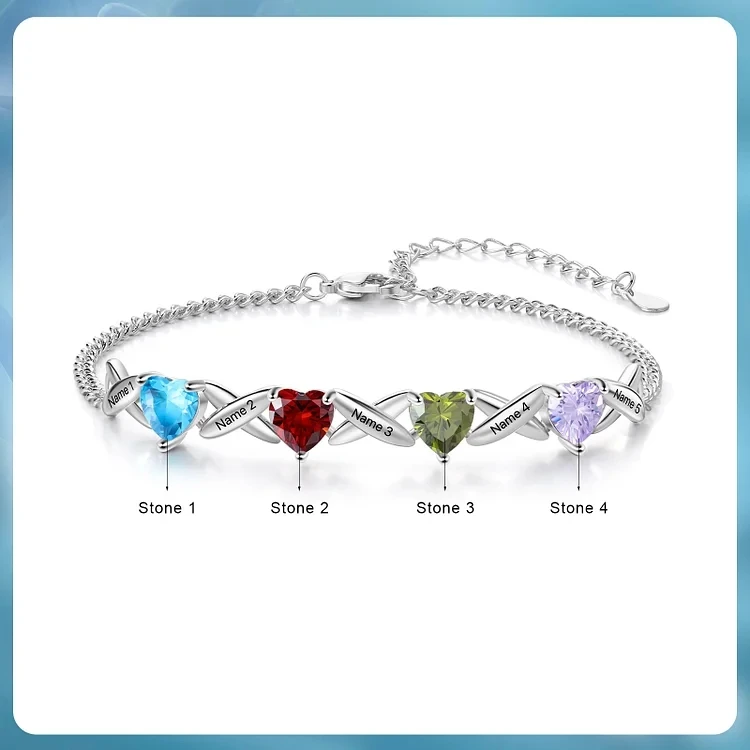 

Personalized Heart Birthstone and Name Beautiful Bracelet Customized Multi-Name Stainless Steel 18K Gold Plated Jewelry For Mom