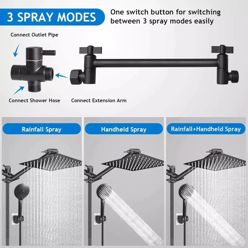 8 Inch 10 Inch High Pressure Rain Shower Head Combo with Adjustable Extension Arm and 3 Way Handheld Spray