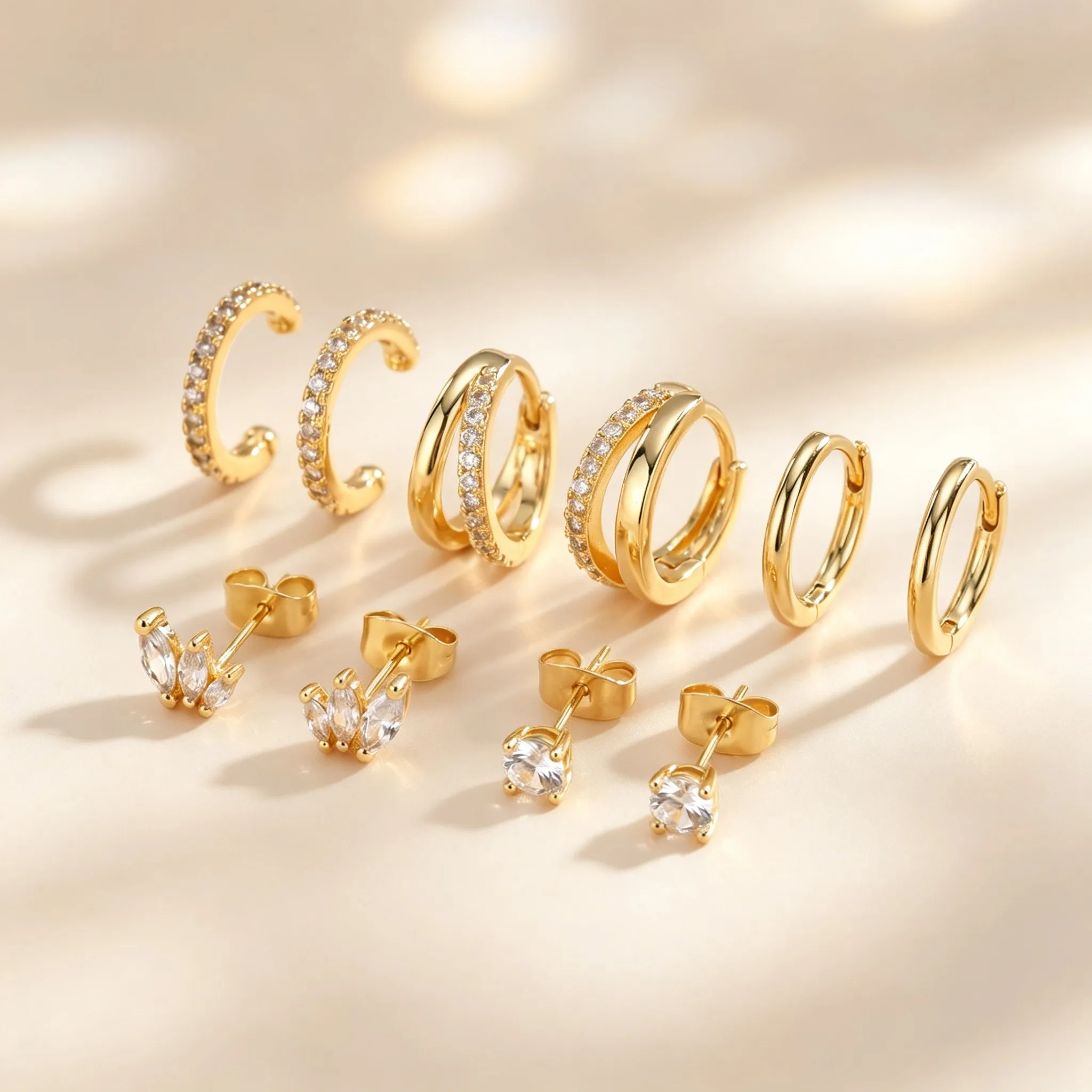 Set CZ Huggie Earrings for Women,Stainless Steel Multi‑Style Clear Cubic Zirconia Earrings,Stackable Daily Ear Jewelry Gift