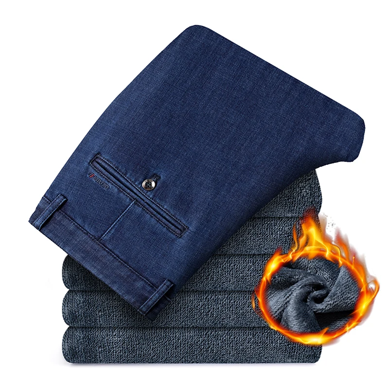 

Флисовые джинсы, мужские зимние толстые деловые бархатные брюки, мягкие модные брендовые классические прямые свободные теплые плюшевые джинсовые брюки