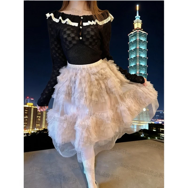 

Японский стиль, нишевый дизайн, весенне-осенний вязаный комбинезон с кружевным воротником-лодочкой, милый, для девушек, с длинным рукавом, облегающий пуловер-рубашка