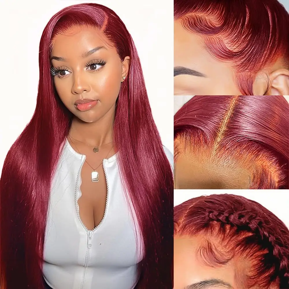 

Straight 99J Burgundy Lace Front Wigs Human Hair 13x4 HD Transparent Red Wig Human Hair Lace front 200% Density Pre Plucked